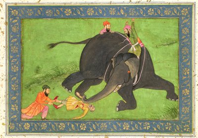 Attendants rescue a fallen man from an enraged elephant, from the Large Clive Album by Mughal School